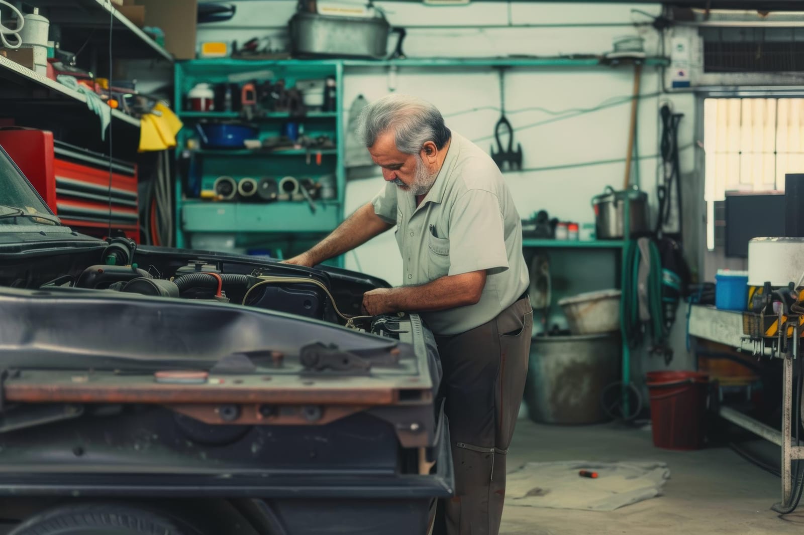Mecânico experiente inspeciona o compartimento do motor de um veículo